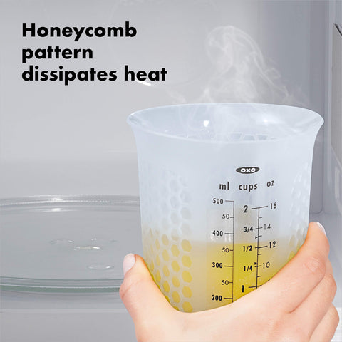 OXO GG microwave-safe silicone cup for safe melting of ingredients.