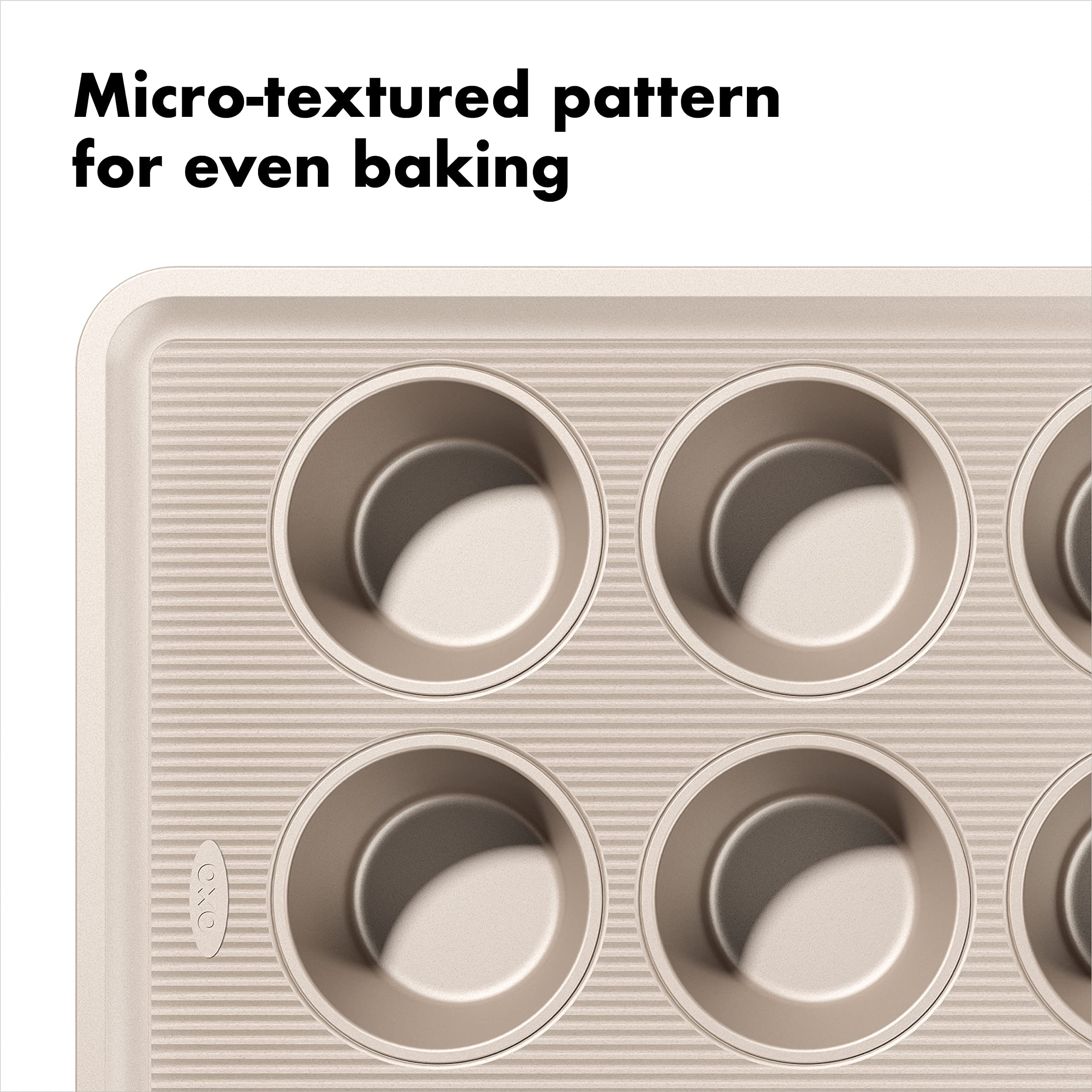 OXO Good Grips 12-cup pan in oven demonstrates even heat baking.