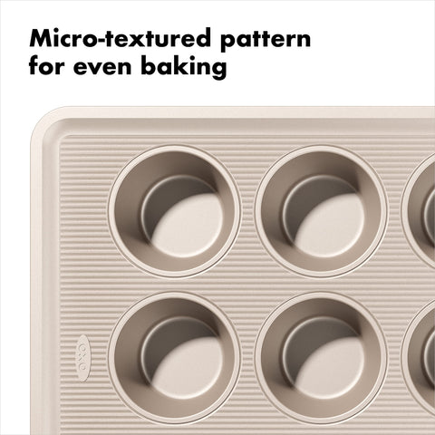 OXO Good Grips 12-cup pan in oven demonstrates even heat baking.