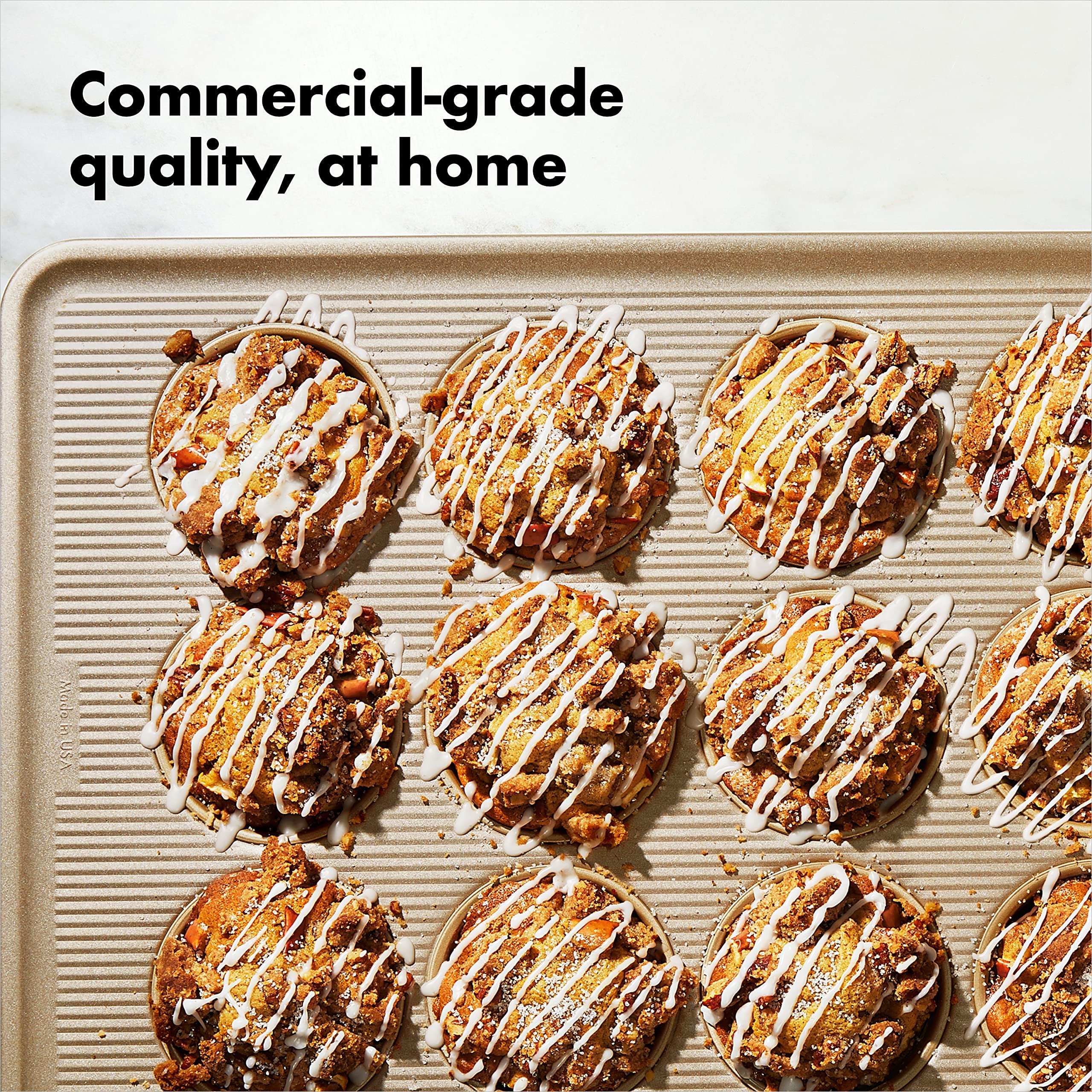 OXO Good Grips 12-cup pan heavy-gauge aluminized steel construction.