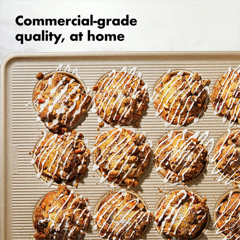 OXO Good Grips 12-cup pan heavy-gauge aluminized steel construction.