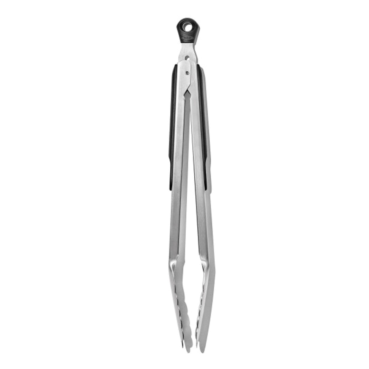 OXO Good Grips 12-inch tongs in brushed stainless steel for easy flipping