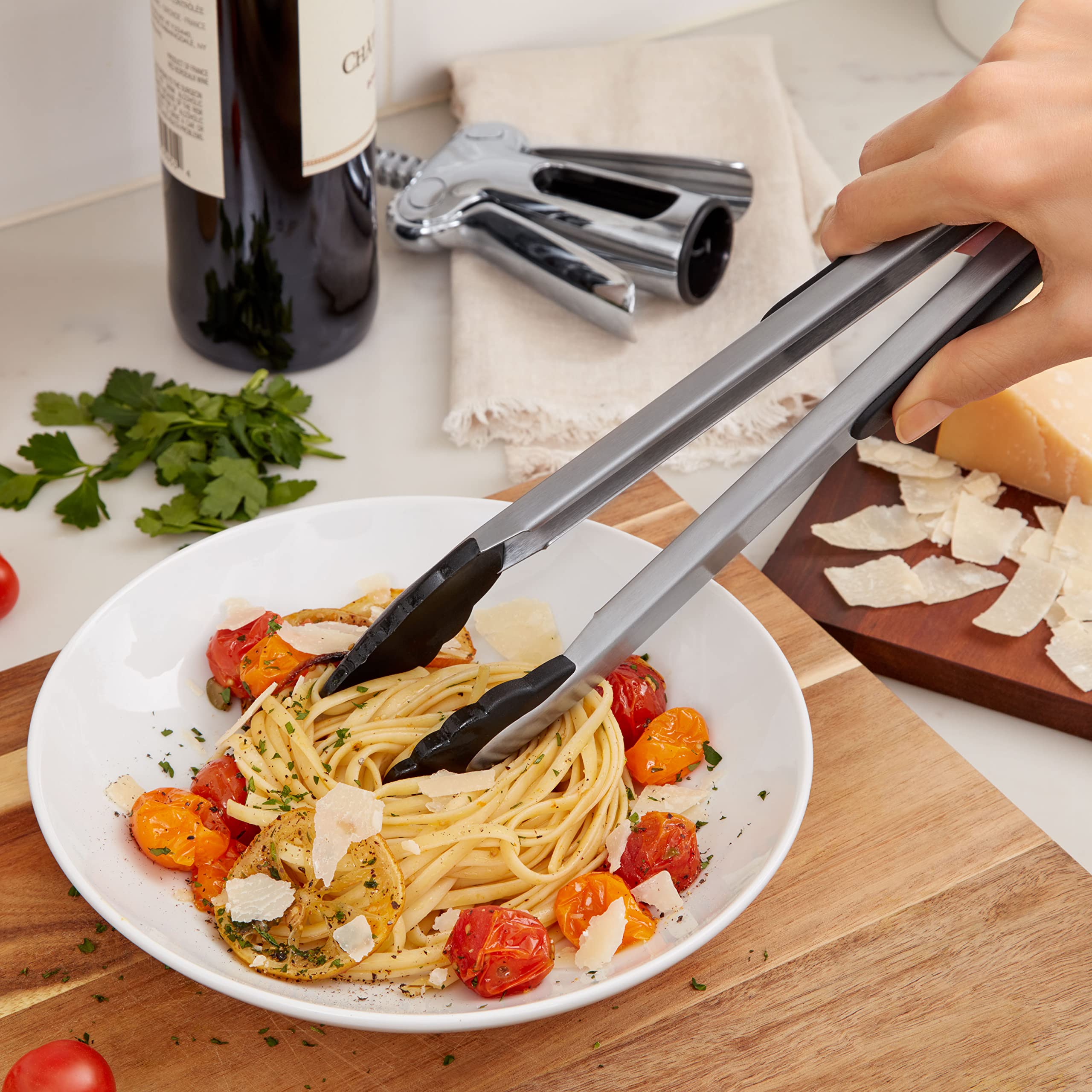OXO Good Grips 12-inch tongs closed for compact storage.