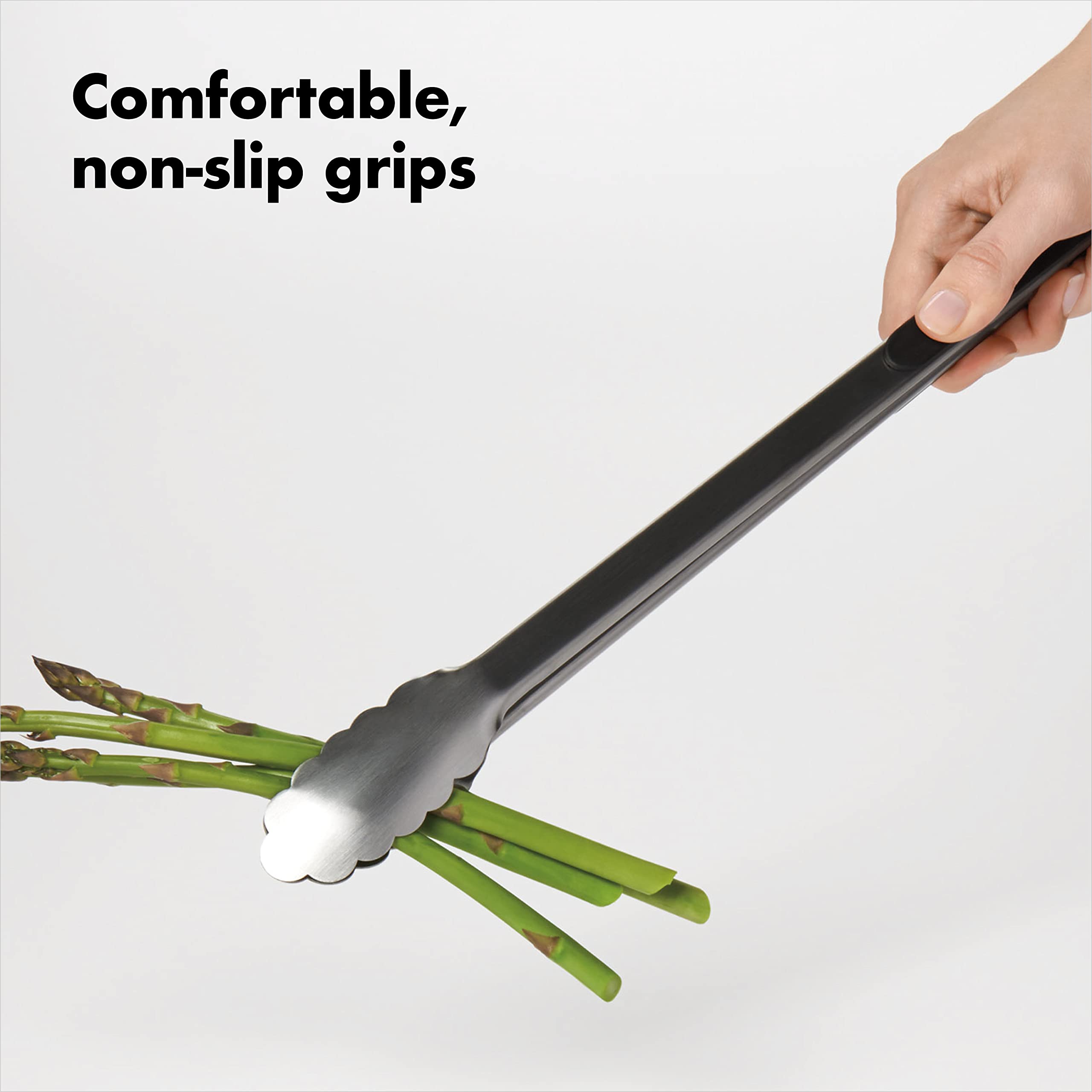 OXO Good Grips large loop for hanging keeps tongs within reach.