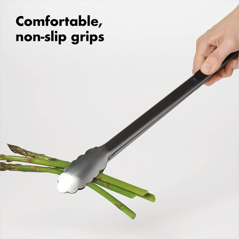 OXO Good Grips large loop for hanging keeps tongs within reach.