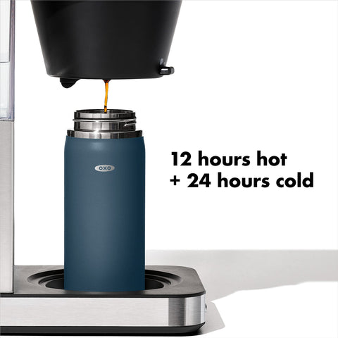 OXO Good Grips 16oz stainless steel mug preserves flavor during commutes.