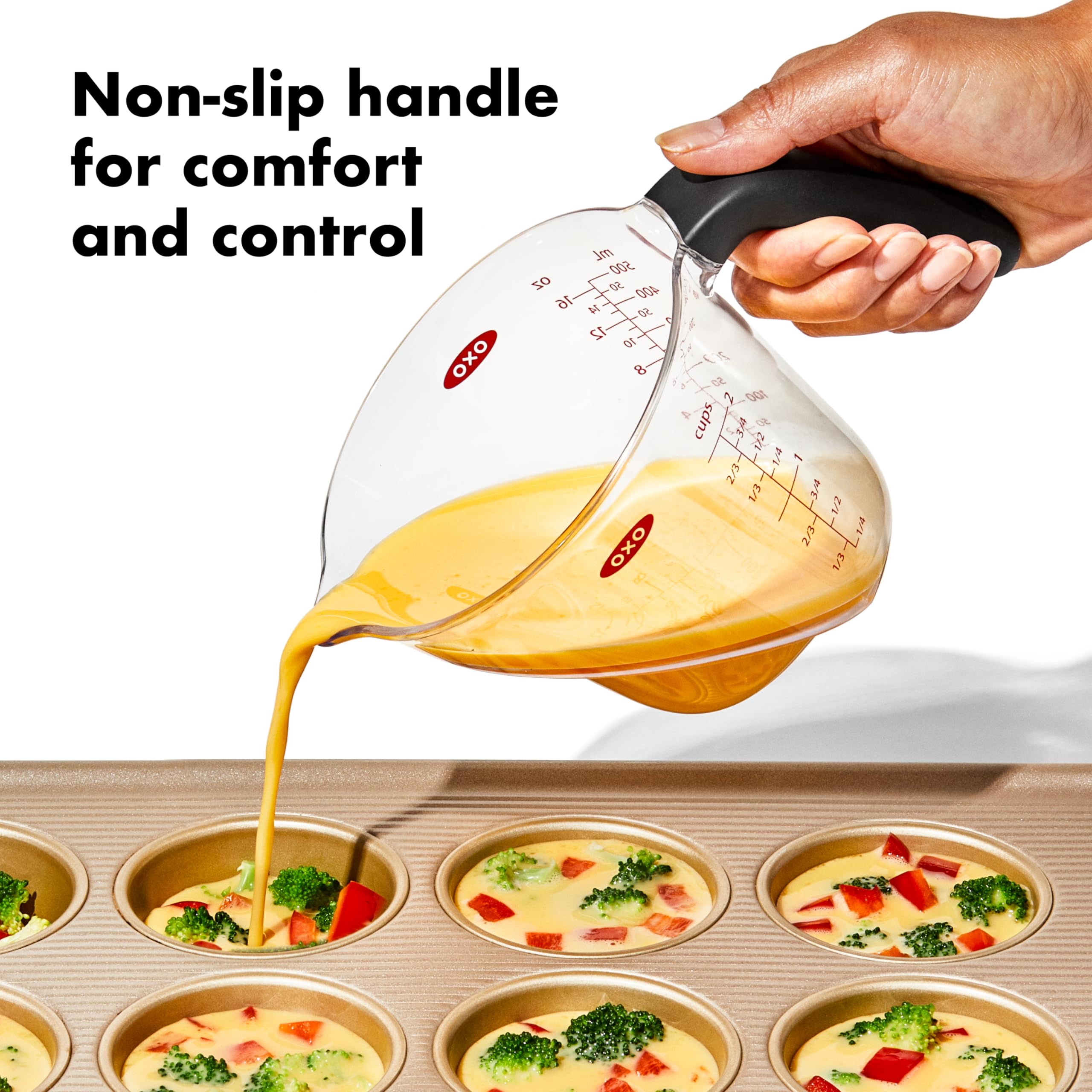 OXO Good Grips 1-Cup Angled Measuring Cup dual-unit metric and standard markings.