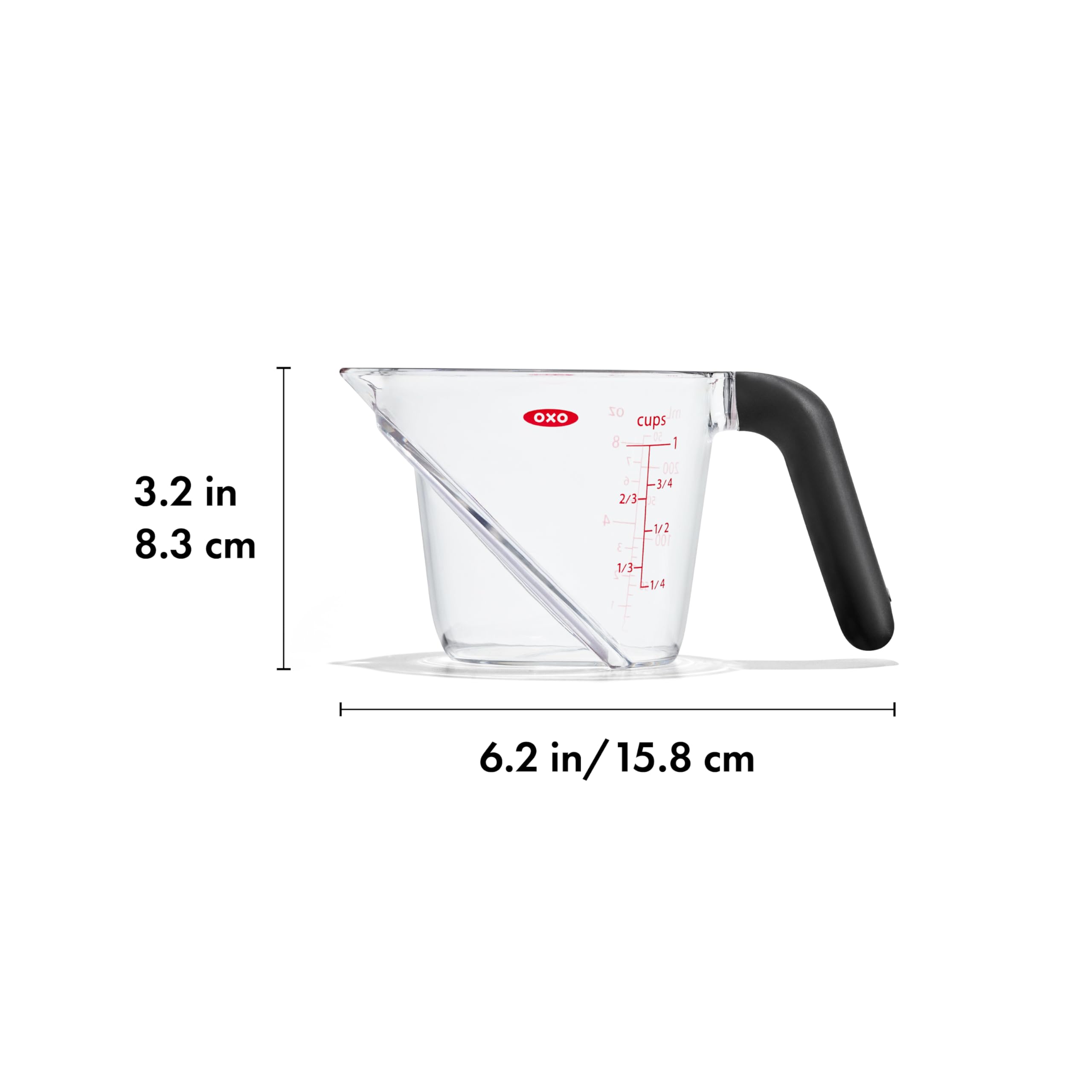 OXO Good Grips 1-Cup Angled Measuring Cup oval design for easier pouring.