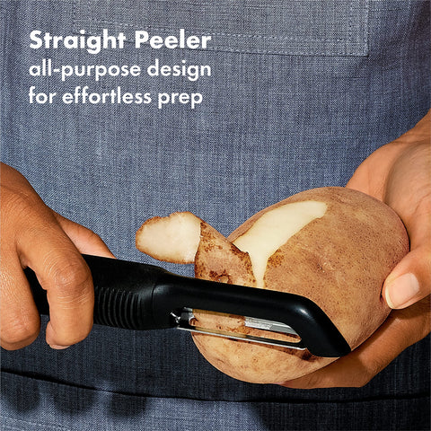 OXO Good Grips julienne peeler creates uniform carrot and zucchini ribbons.