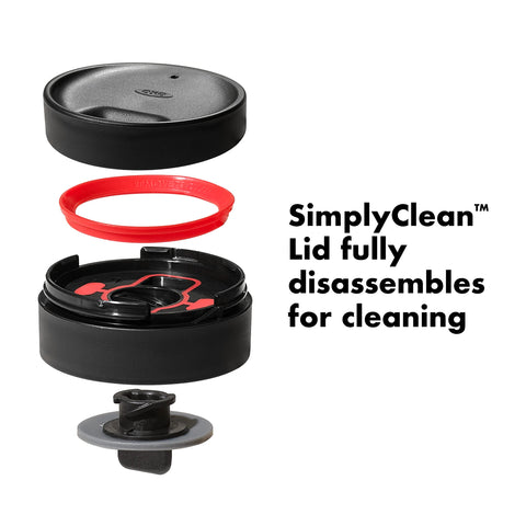 OXO Good Grips travel mug with SimplyClean lid open for sipping and cleaning.