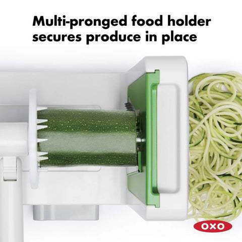 OXO StrongHold suction keeps the spiralizer stable on counters during use.