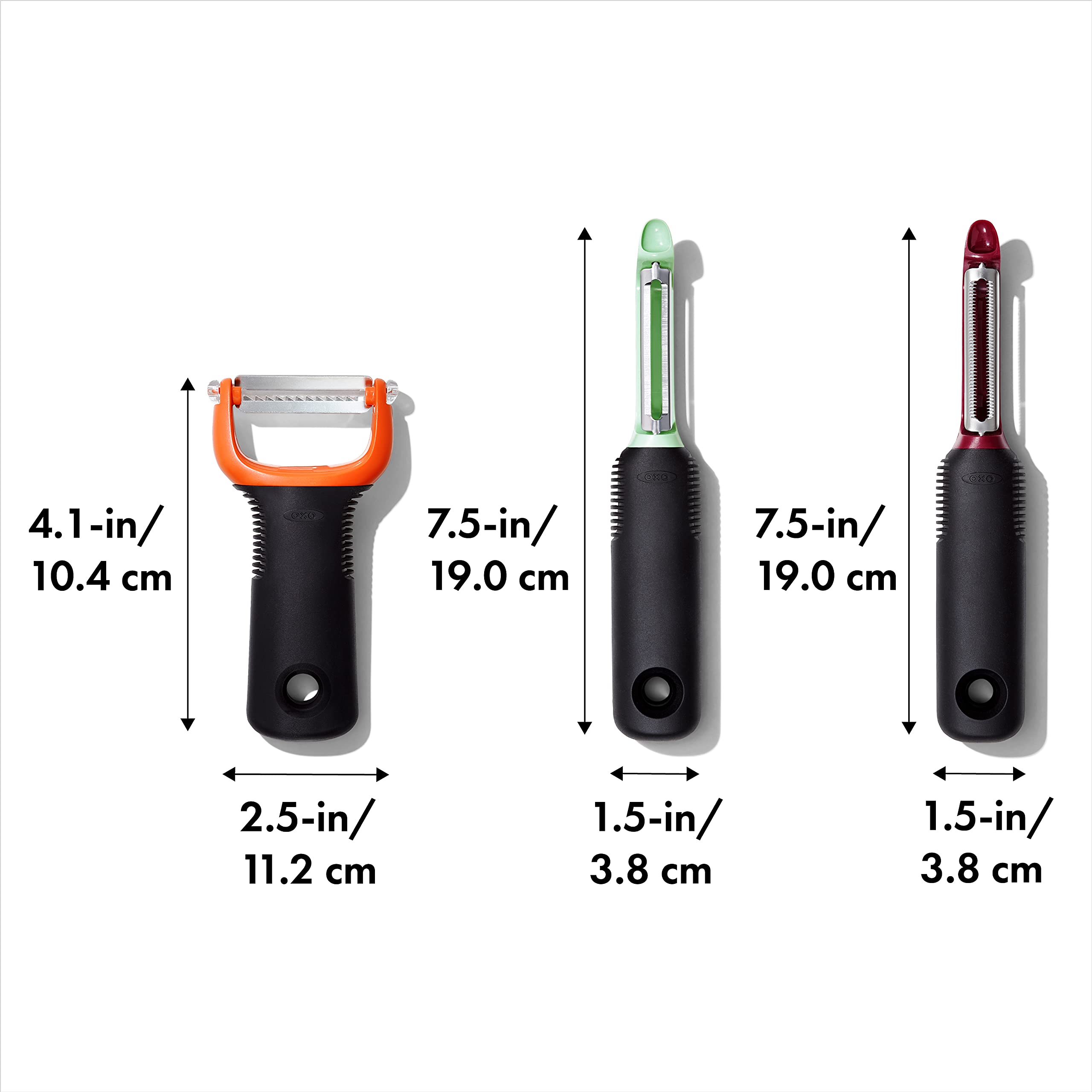 OXO Good Grips 3-Piece Peeler Set dishwasher-safe for easy cleaning after use.