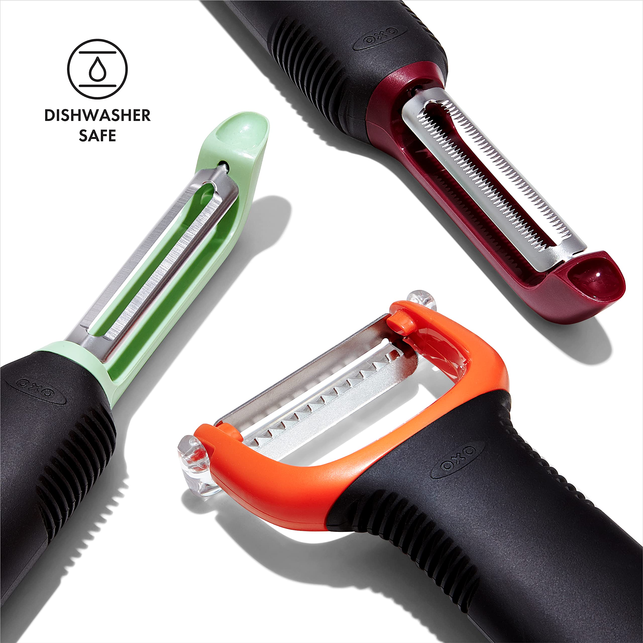 OXO Good Grips 3-Piece Peeler Set ergonomic handles provide non-slip comfort during prep.