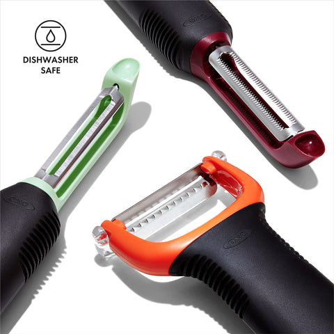 OXO Good Grips 3-Piece Peeler Set ergonomic handles provide non-slip comfort during prep.