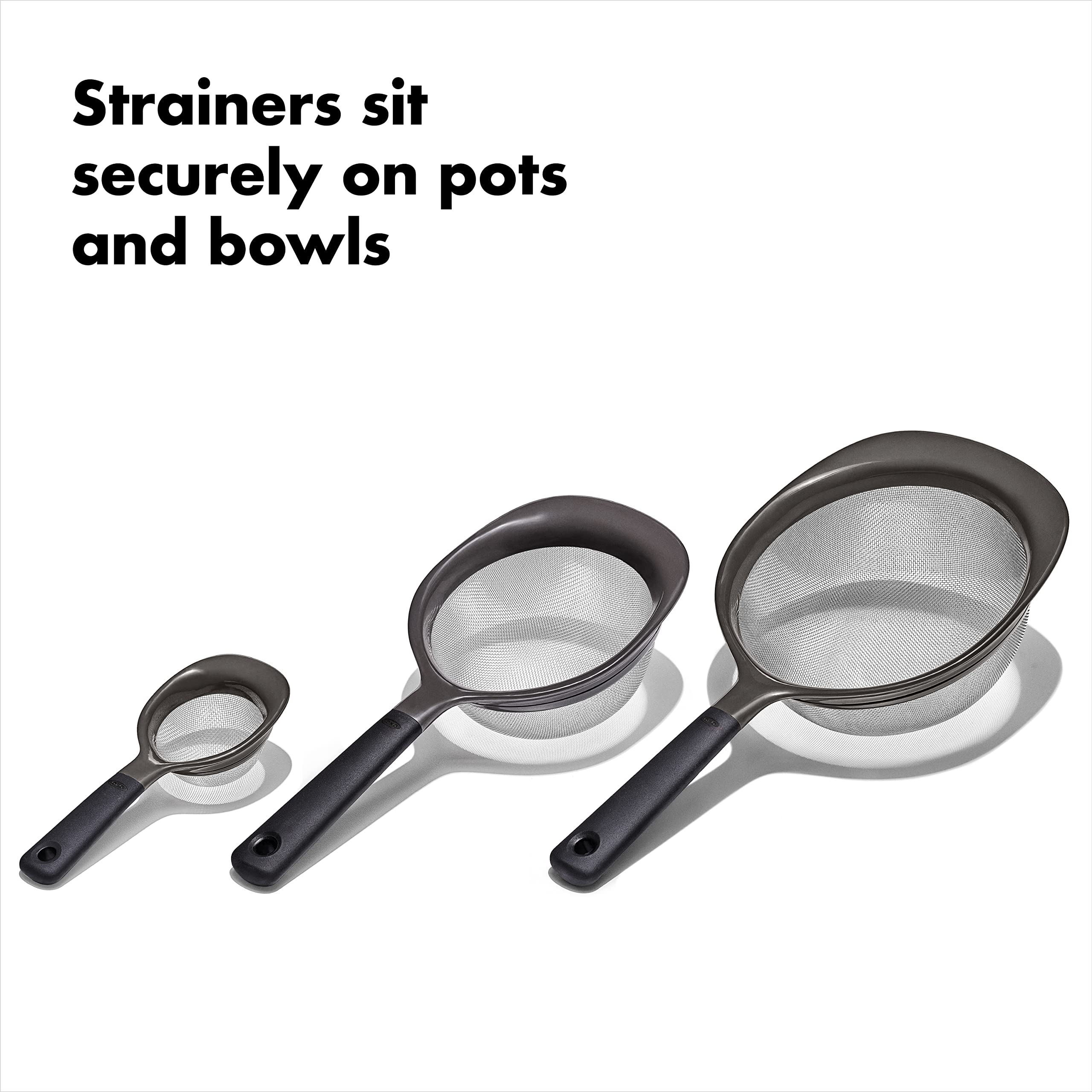 OXO Good Grips 3-Piece Strainer Set dishwasher-safe for easy cleanup