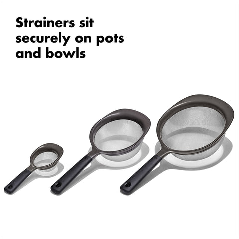 OXO Good Grips 3-Piece Strainer Set dishwasher-safe for easy cleanup