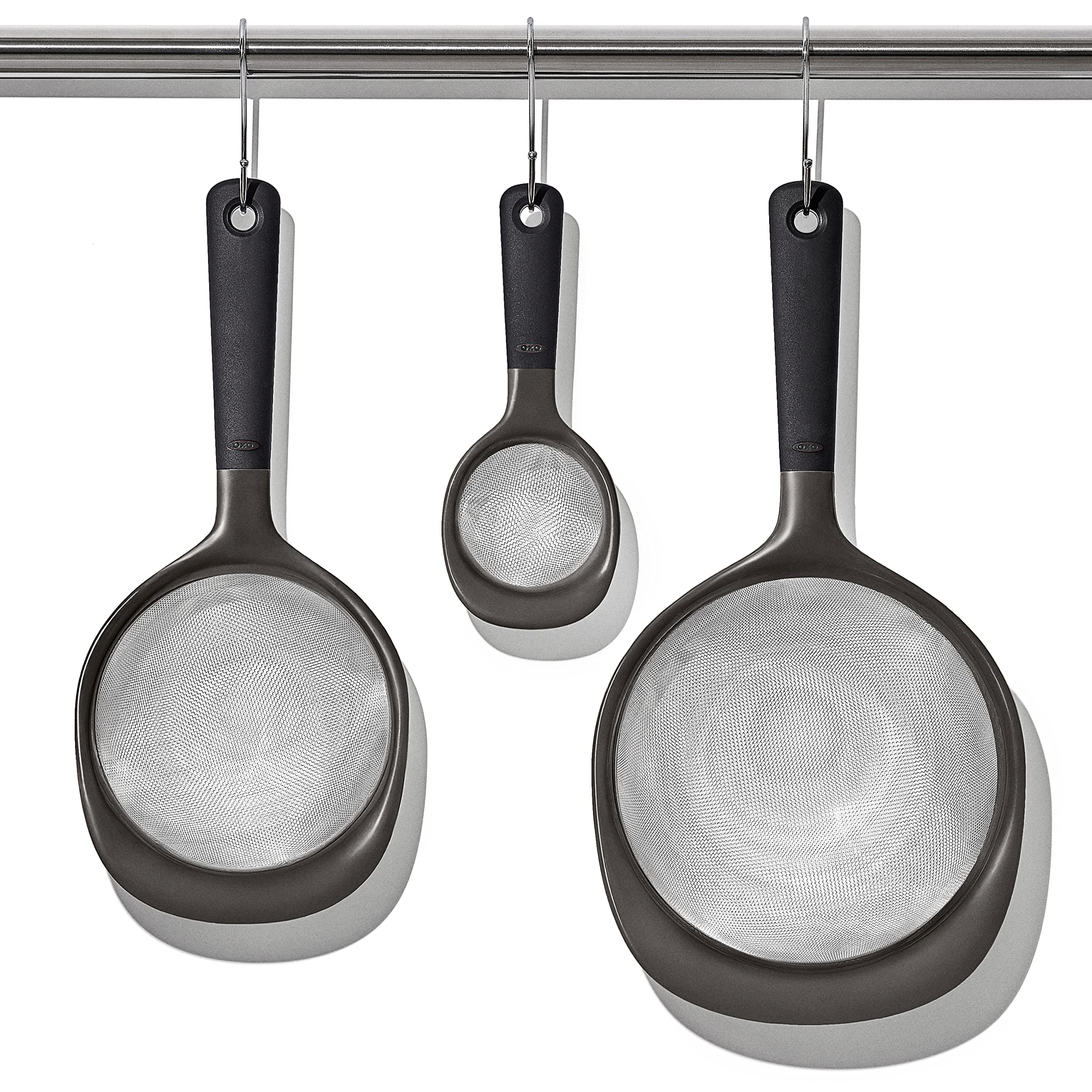 OXO Good Grips 3-Piece Strainer Set holes in the handles for easy storage