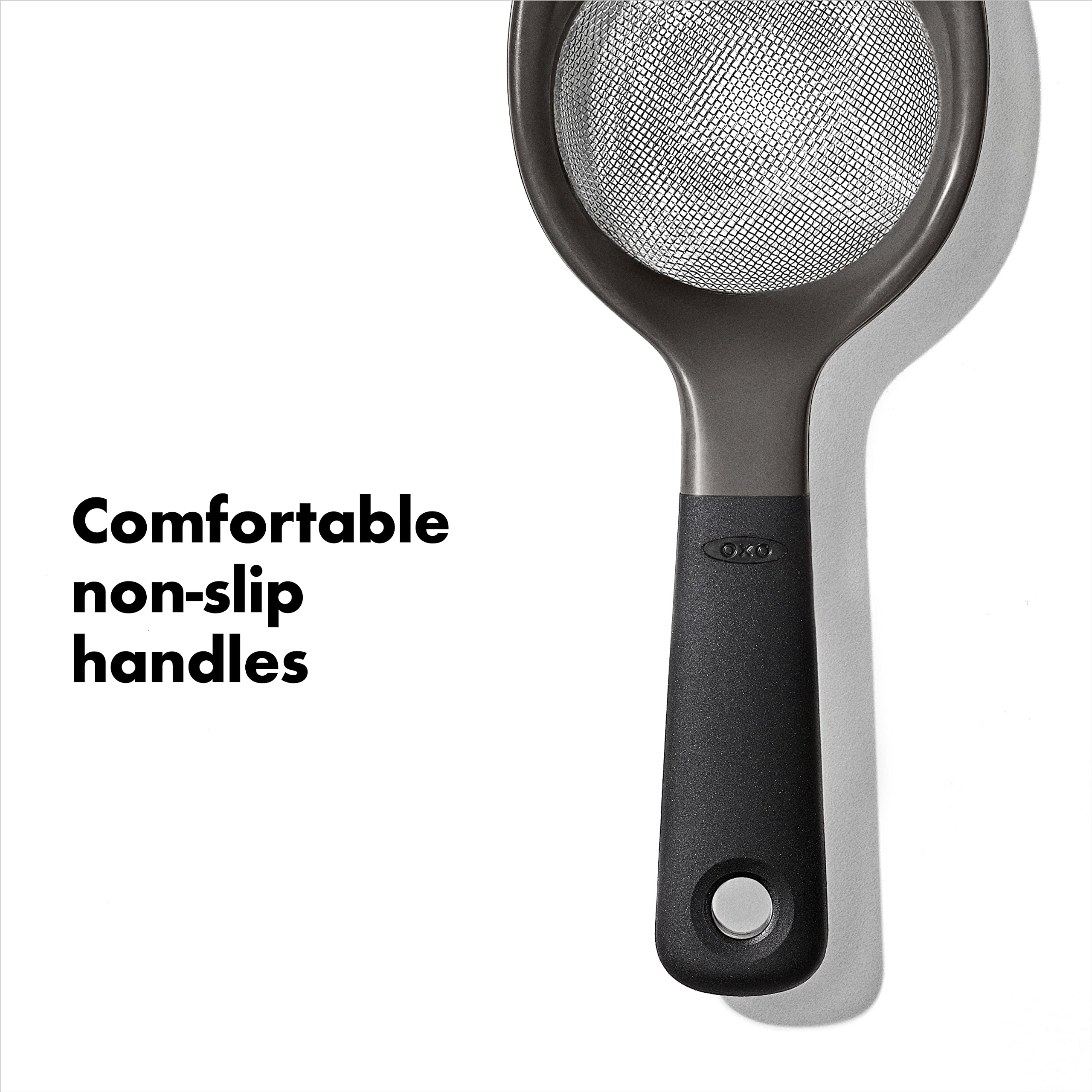 OXO Good Grips 3-Piece Strainer Set non-slip handles stay comfortable when wet
