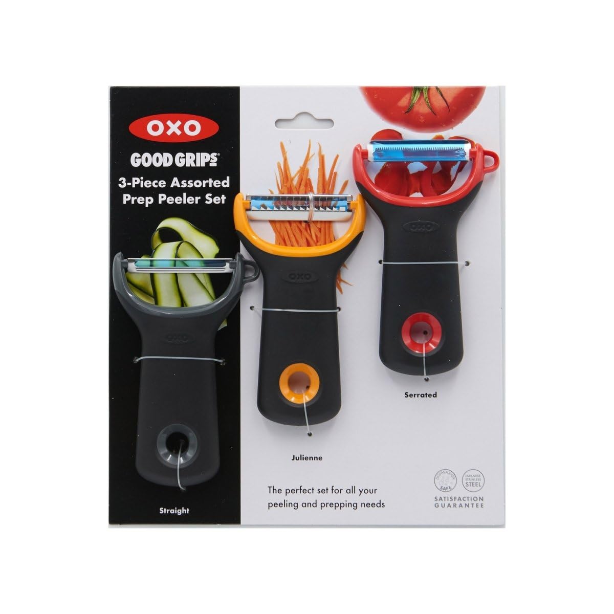 OXO Good Grips serrated blade; precise peeling of soft skins.