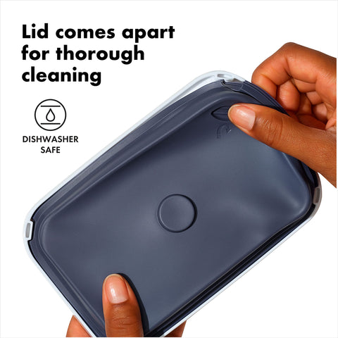 Push-button lid seal provides secure closure and easy access for OXO POP containers.