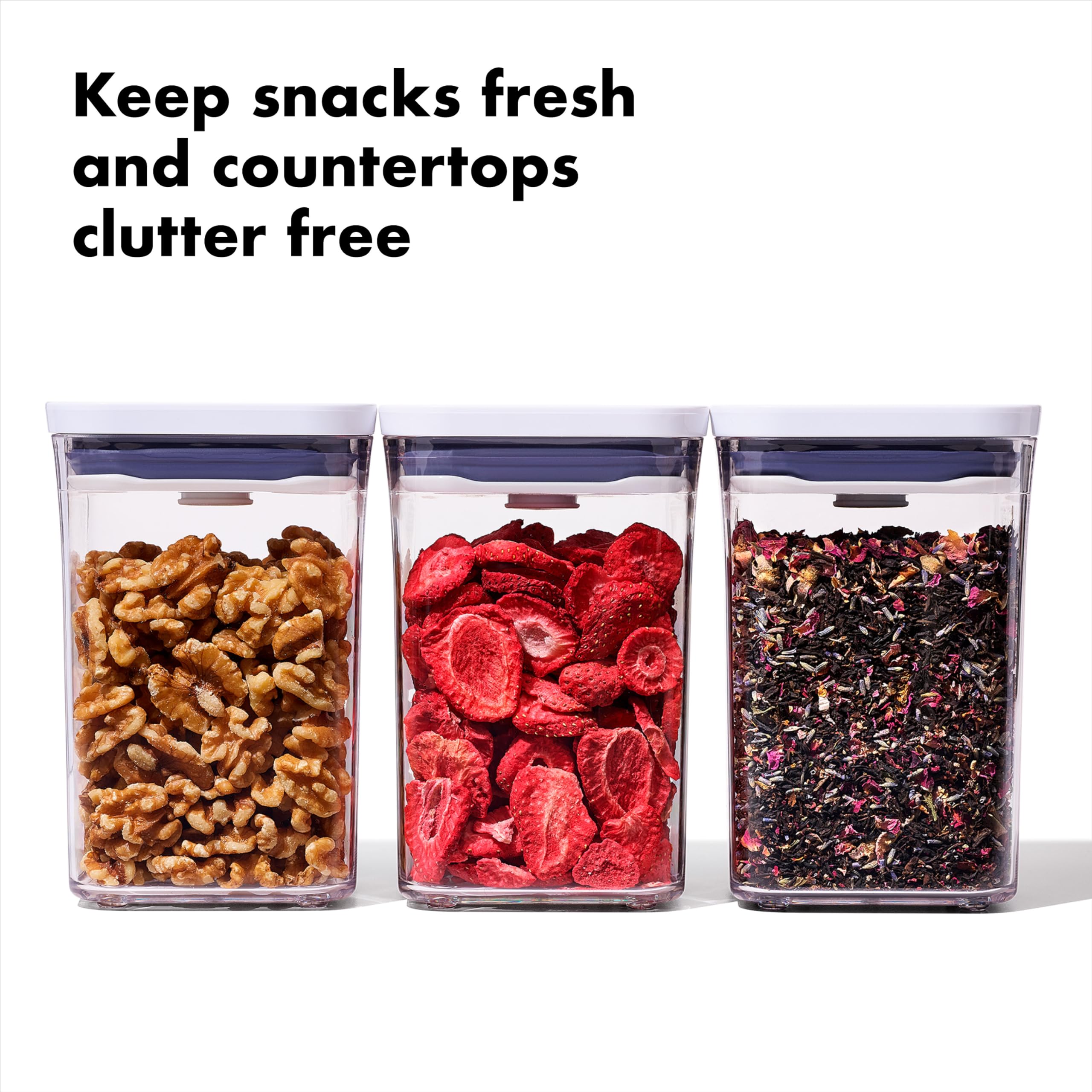 OXO Good Grips POP containers stack neatly to maximize kitchen storage space.