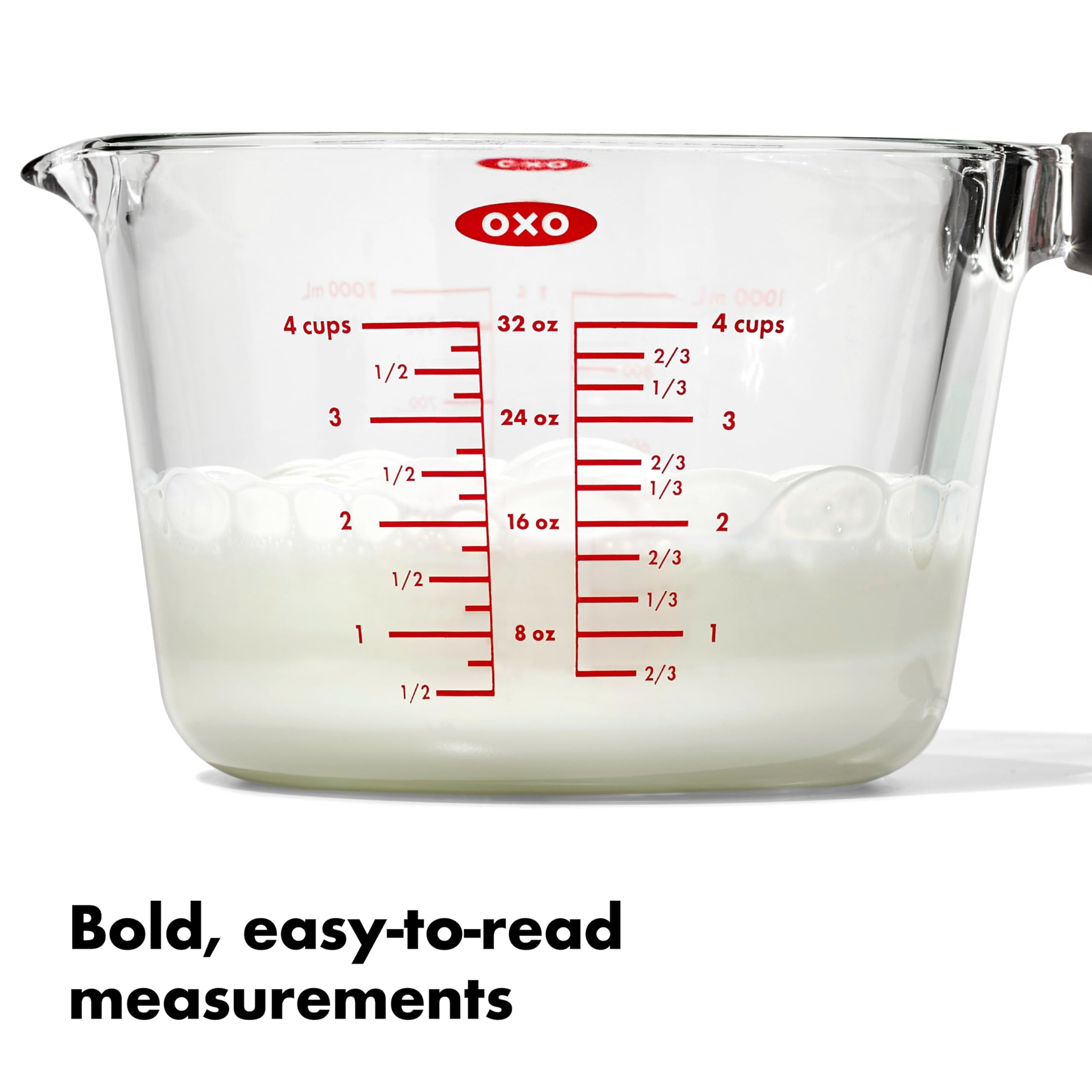 OXO Good Grips measuring cup features a secure non-slip handle for wet hands.