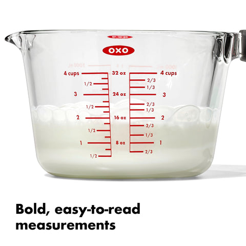 OXO Good Grips measuring cup features a secure non-slip handle for wet hands.