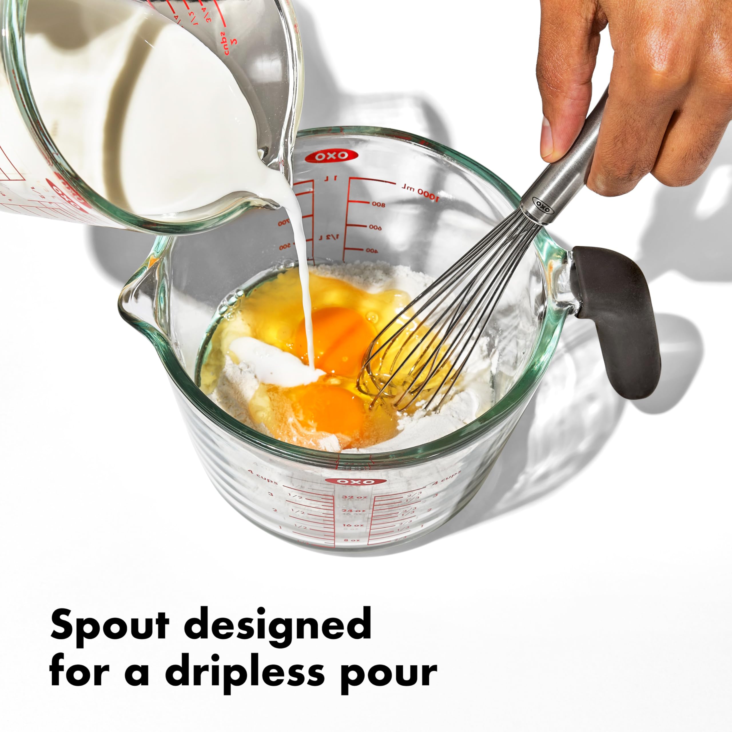 OXO Good Grips 4-Cup measures with clear metric and standard markings for precise cooking.