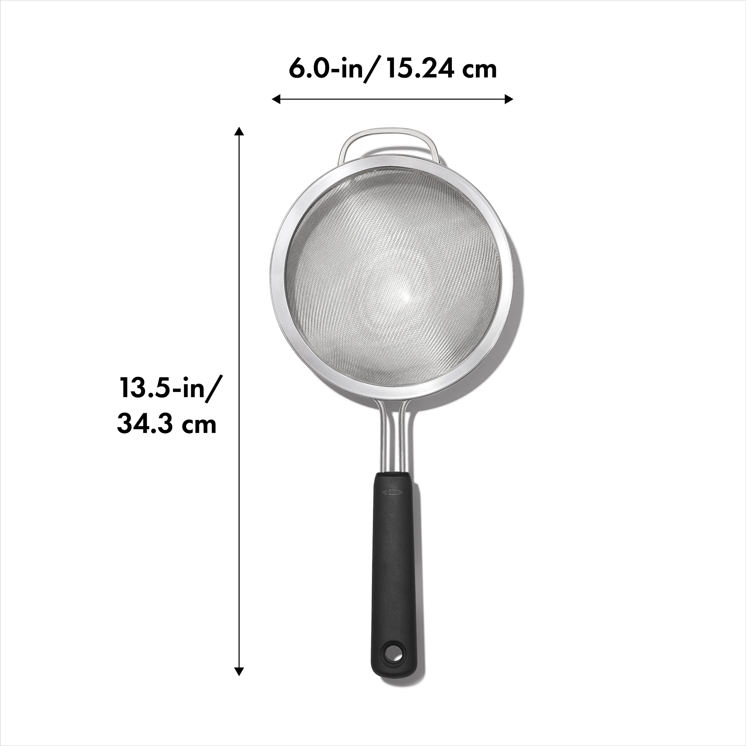 OXO Good Grips 6-in strainer with secure loop and dishwasher-safe handle for easy rinsing