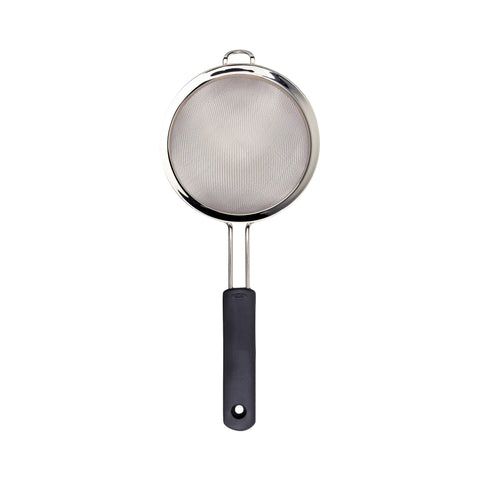 OXO Good Grips 6-in double-rod strainer resting on a bowl for easy draining