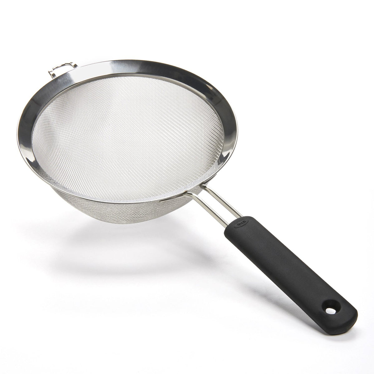 OXO Good Grips 8-Inch Strainer with fine mesh for quick draining of fruits and vegetables.