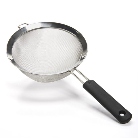 OXO Good Grips 8-Inch Strainer with fine mesh for quick draining of fruits and vegetables.