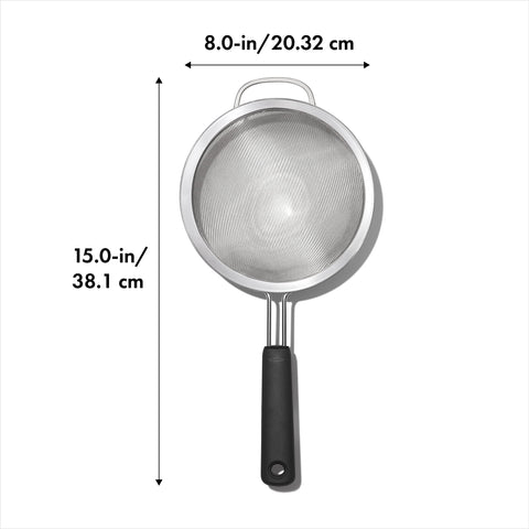 OXO Good Grips 8-Inch Strainer features secure loop for stable rest on bowls or pots.