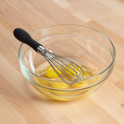 OXO Good Grips 9-Inch Whisk showing soft, non-slip handle for wet hands.
