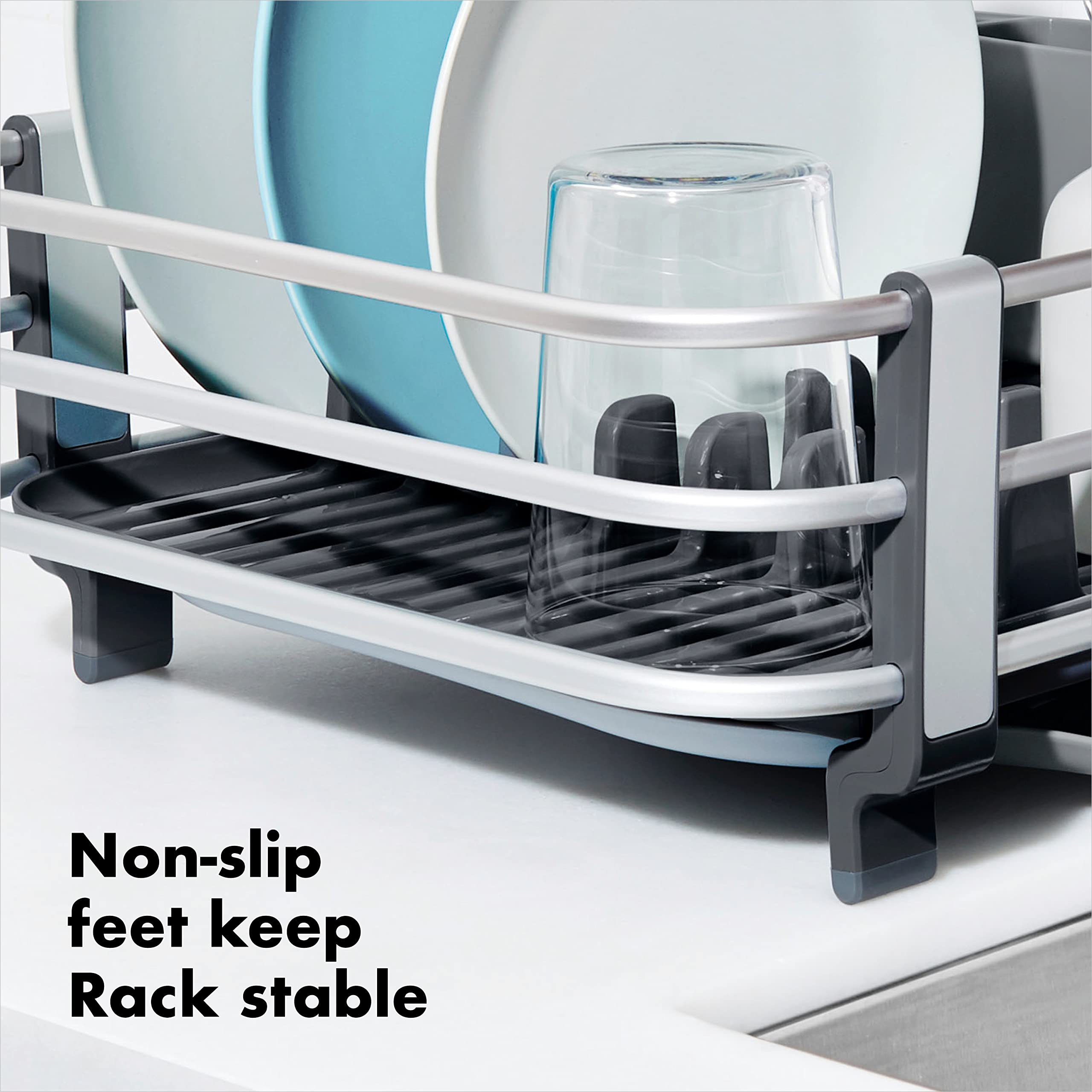 OXO Good Grips adjustable drain tray accommodates versatile rack positioning.
