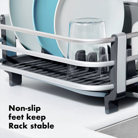 OXO Good Grips adjustable drain tray accommodates versatile rack positioning.