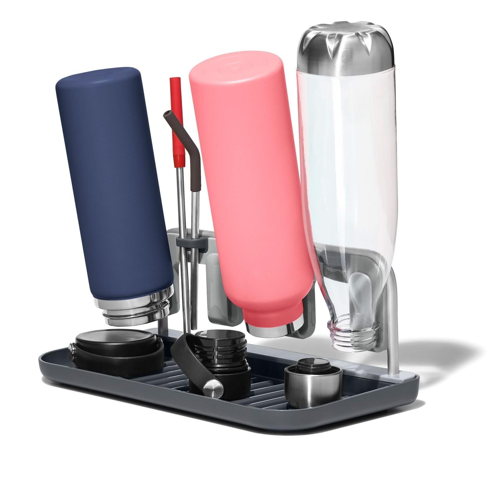 OXO Good Grips aluminum drying rack main view shows four bottles drying neatly