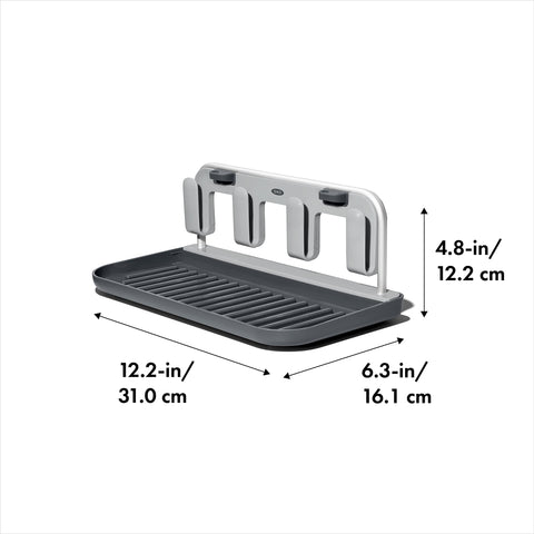 OXO Good Grips rack demonstrates raised edges that keep lids in place