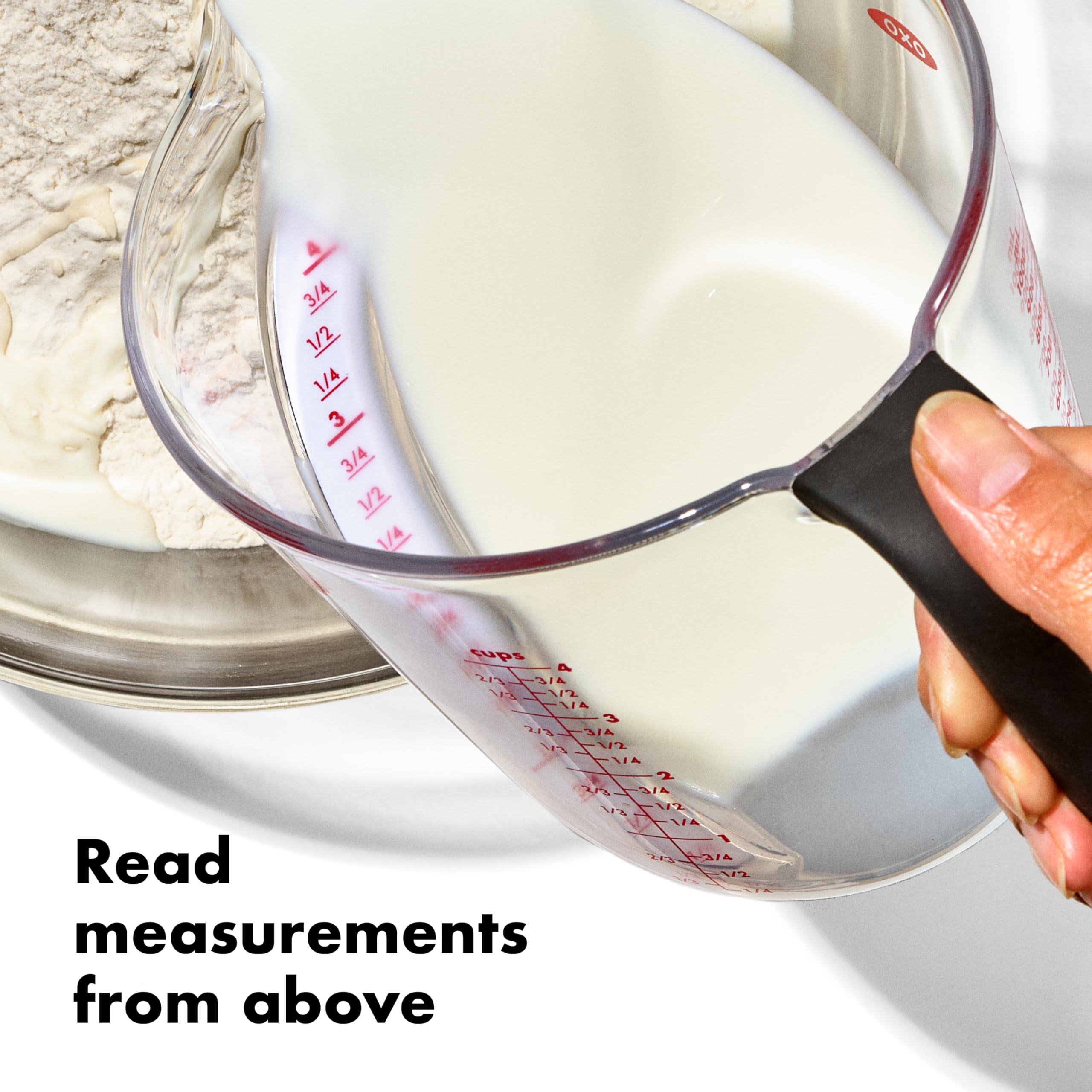 OXO Good Grips angled-reading 2-cup cup enables above-view reading for precise pouring.