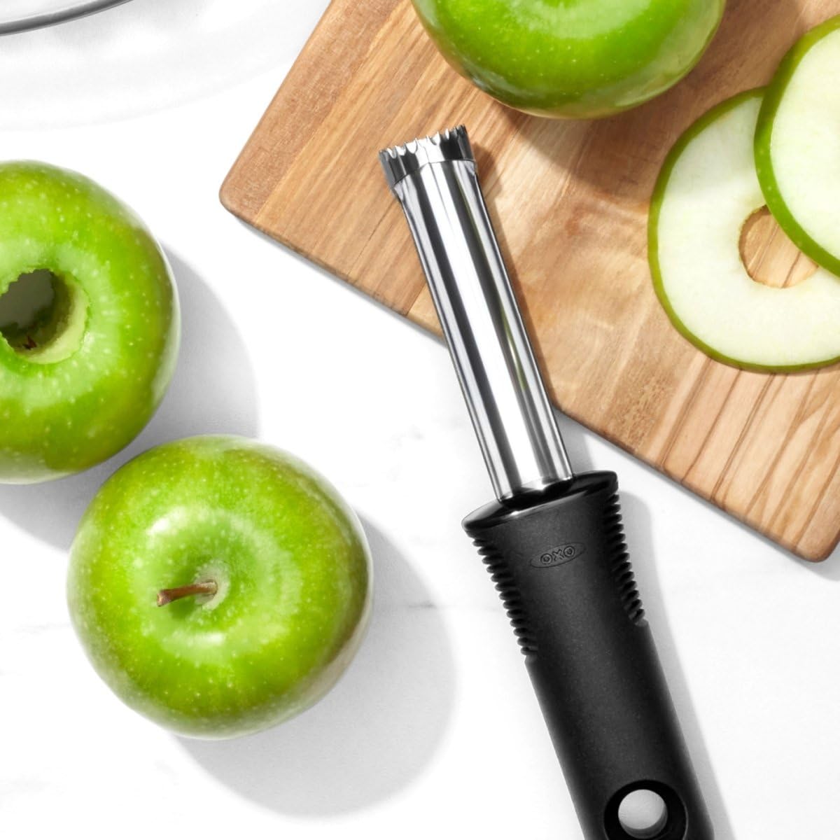 OXO Good Grips Apple Corer with a large hanging hole for easy kitchen storage.