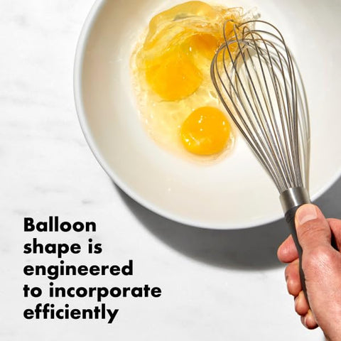 OXO Good Grips 11-inch balloon whisk highlighting balloon shape for light, fluffy textures.