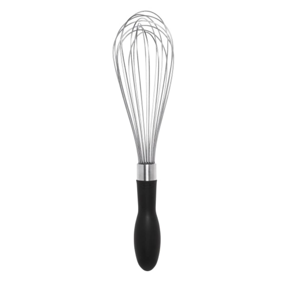 OXO Good Grips 11-inch balloon whisk with soft non-slip handle for wet hands.