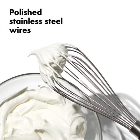 OXO Good Grips 11-inch non-slip handle for secure whipping in wet conditions.