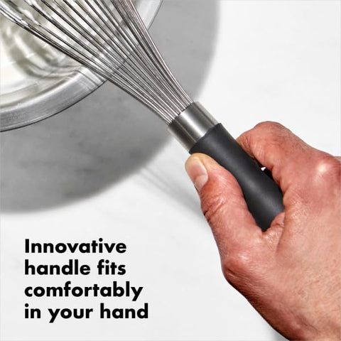 OXO Good Grips 11-inch whisk with polished stainless steel wires for smooth whipping.