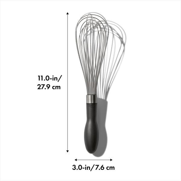 OXO Good Grips 11-inch teardrop-handle whisk fits comfortably in the palm.