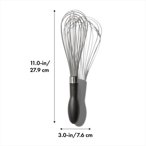 OXO Good Grips 11-inch teardrop-handle whisk fits comfortably in the palm.