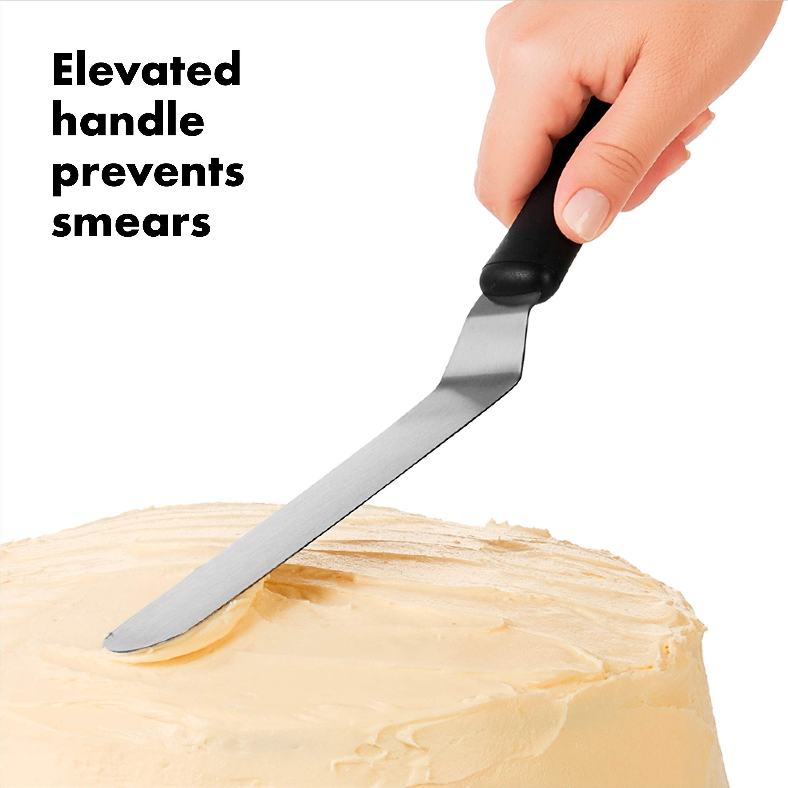 OXO Good Grips Bent Icing Spatula angled blade for elevated hand clearance.