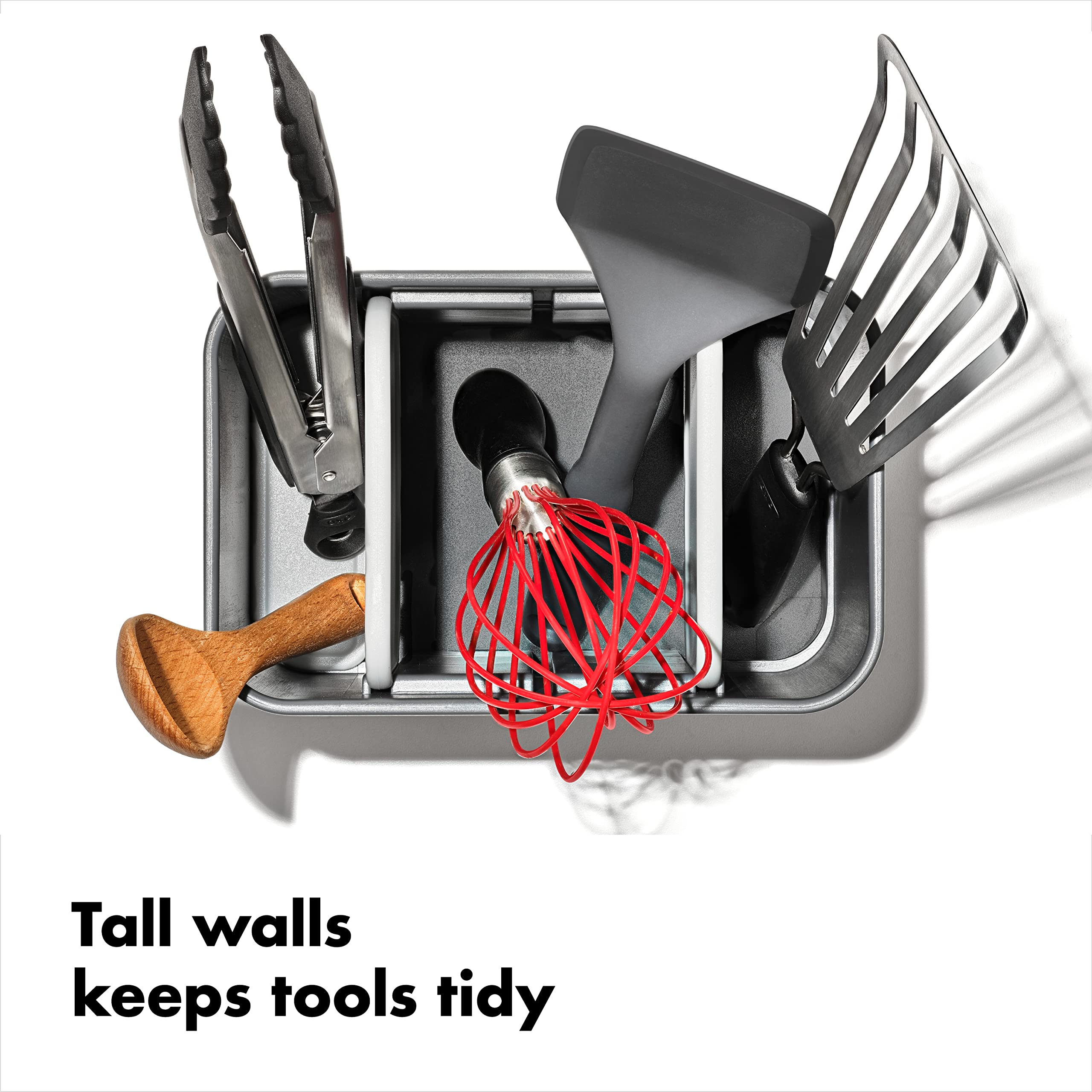 OXO Good Grips large-capacity holder accommodates many utensils for kitchen efficiency.