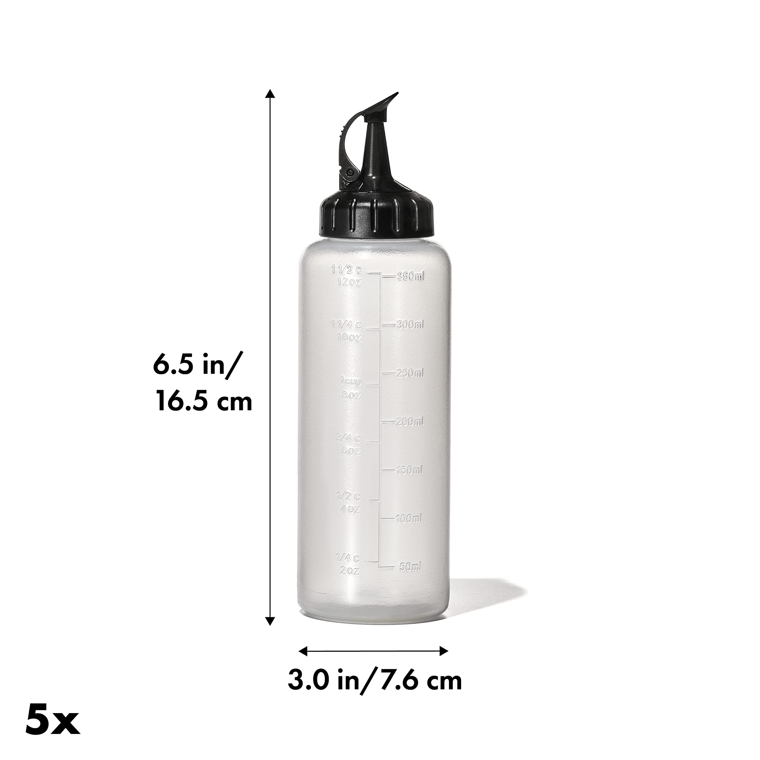 OXO Good Grips squeeze bottle with attached cap open for pouring or shaking