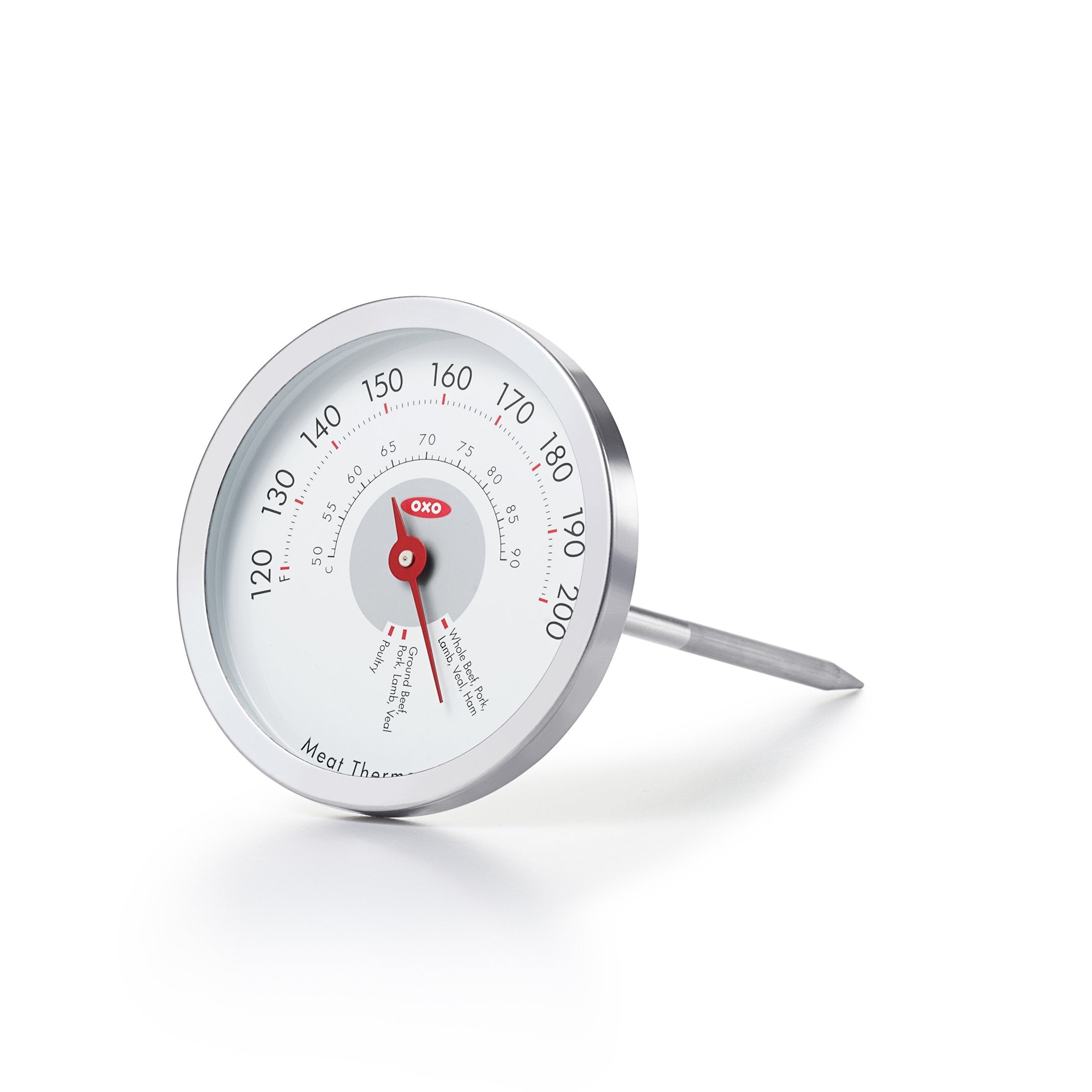 OXO Good Grips Chef's Precision analog leave-in thermometer in oven for precise meat temps while roasting
